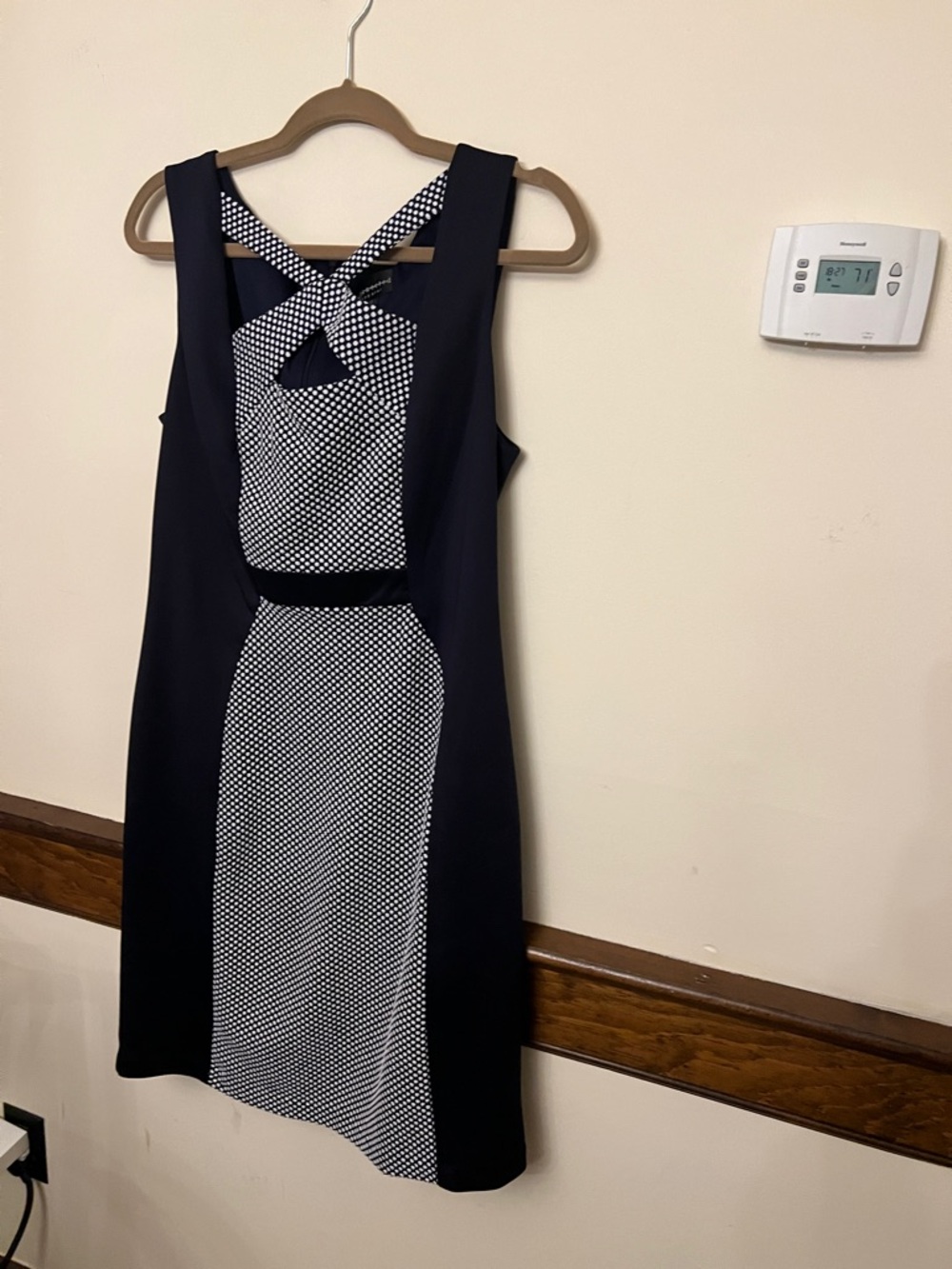 Navy & White Patterned Sleeveless Sheath Dress